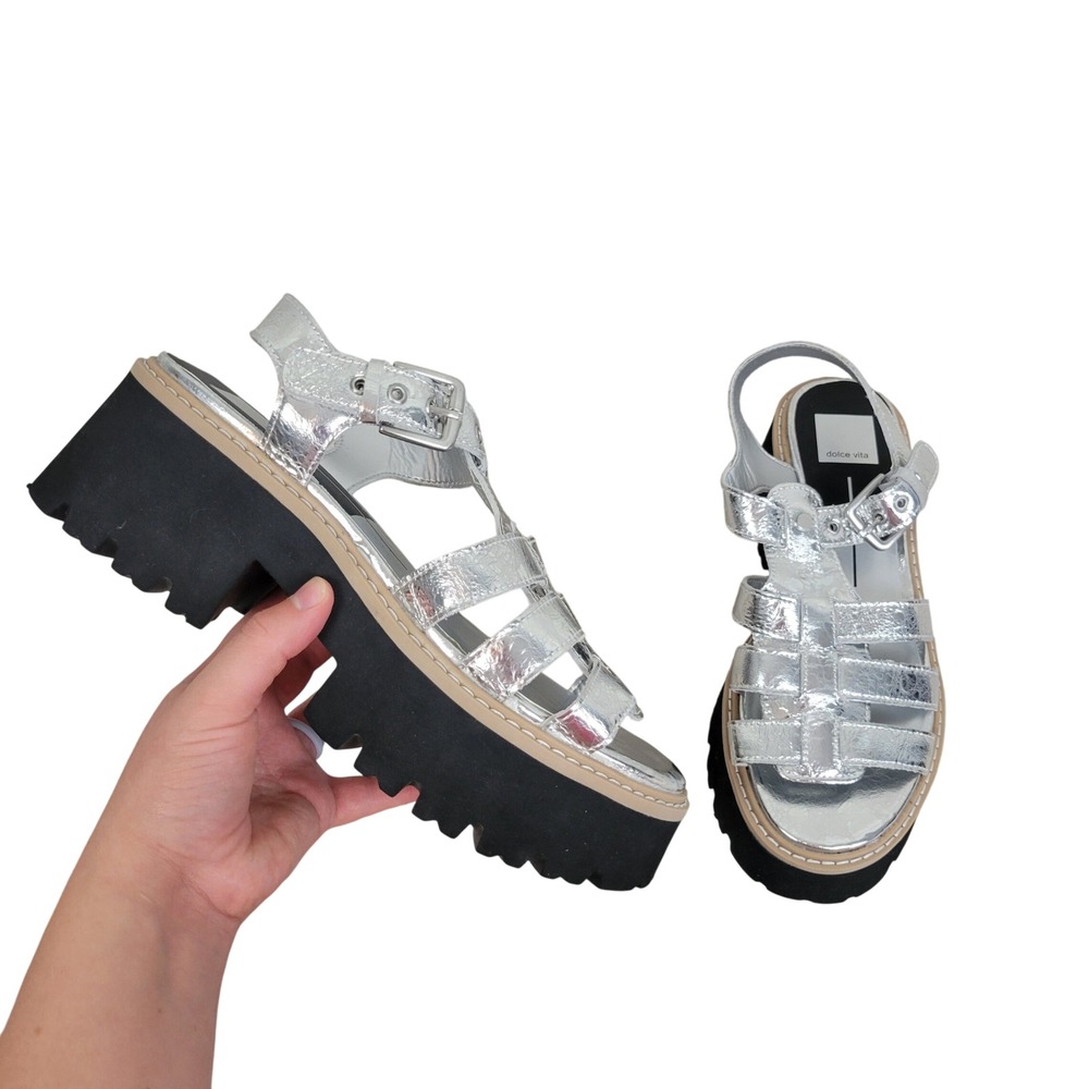 NEW Dolce Vita Evereve Lattice Fisherman Sandals Silver Black Size 8.5